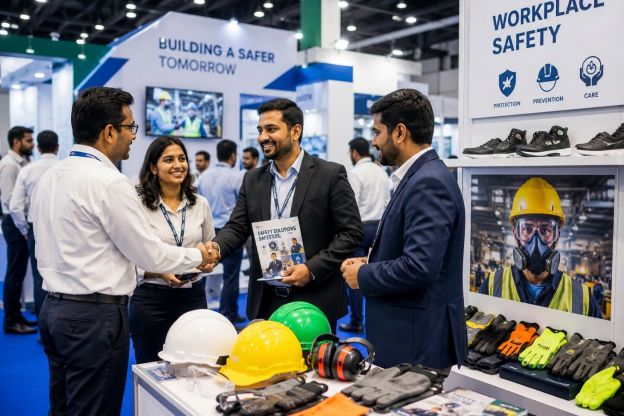 Indian business professionals networking at a workplace safety & health exhibition in India